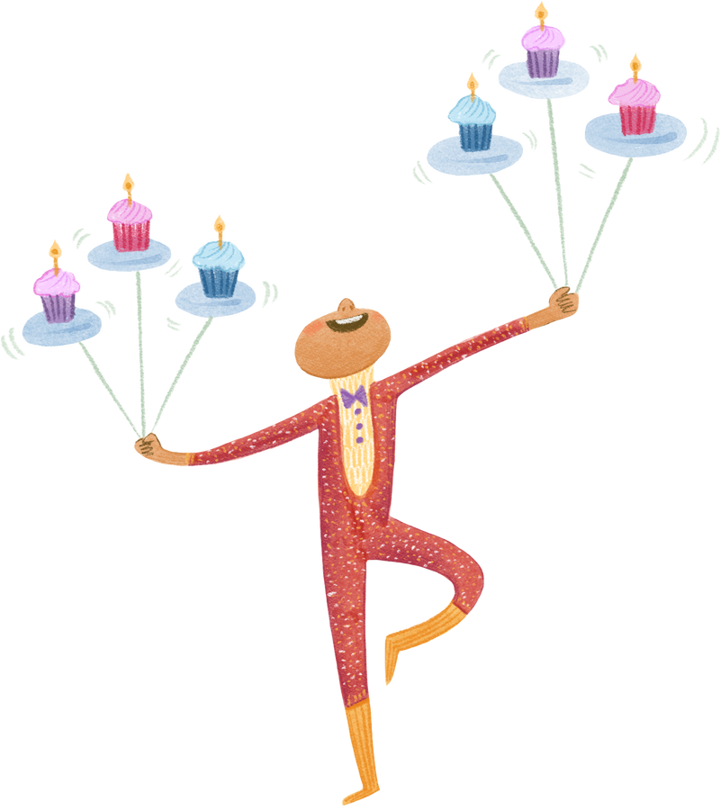 Stylized Watercolor Circus Entertainer Balancing Cupcakes